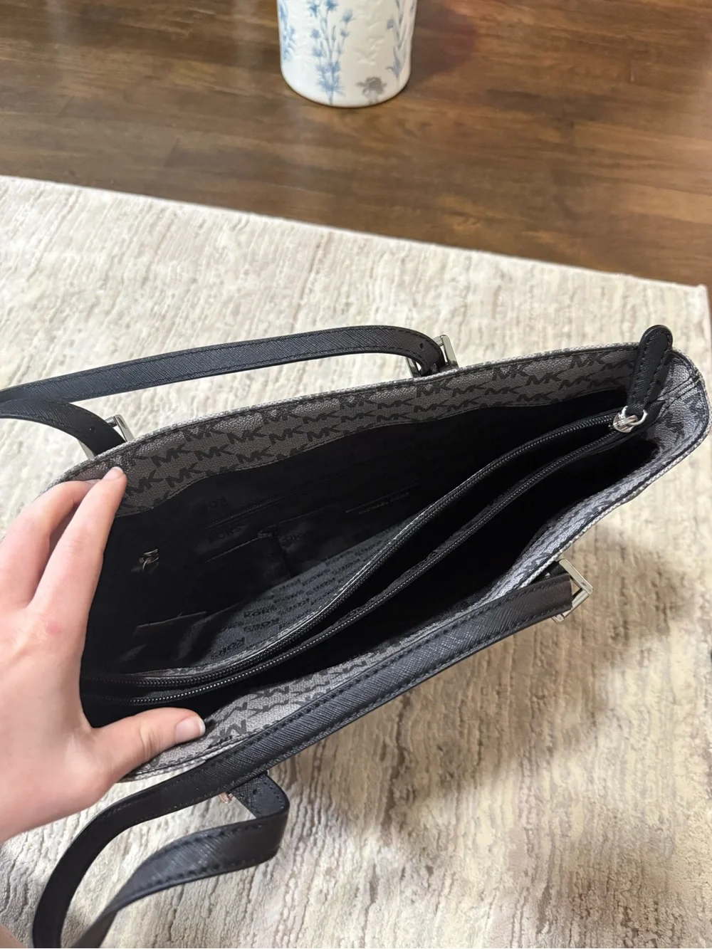 Michael Kors Gray MK Monogram Tote with Black Flap